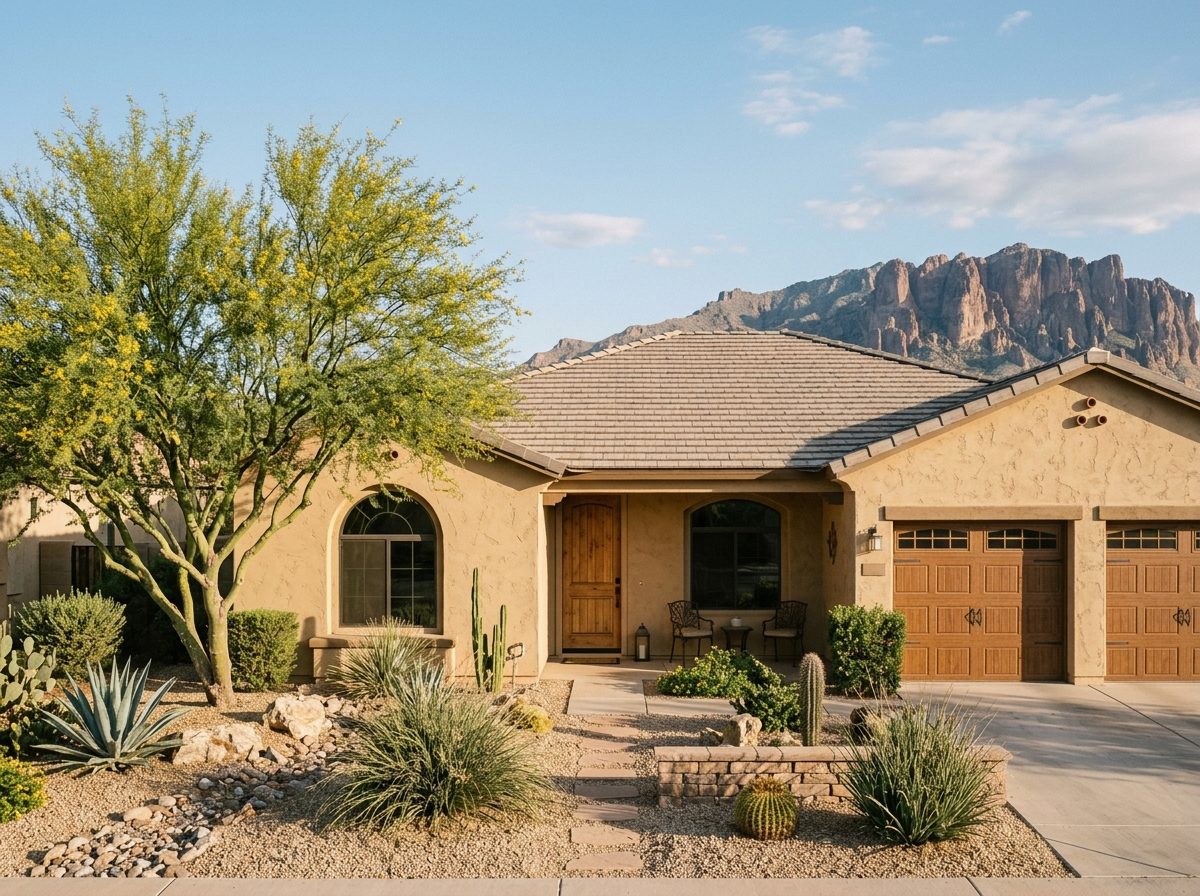 Stucco home with a desert front yard below the Superstition Mountains