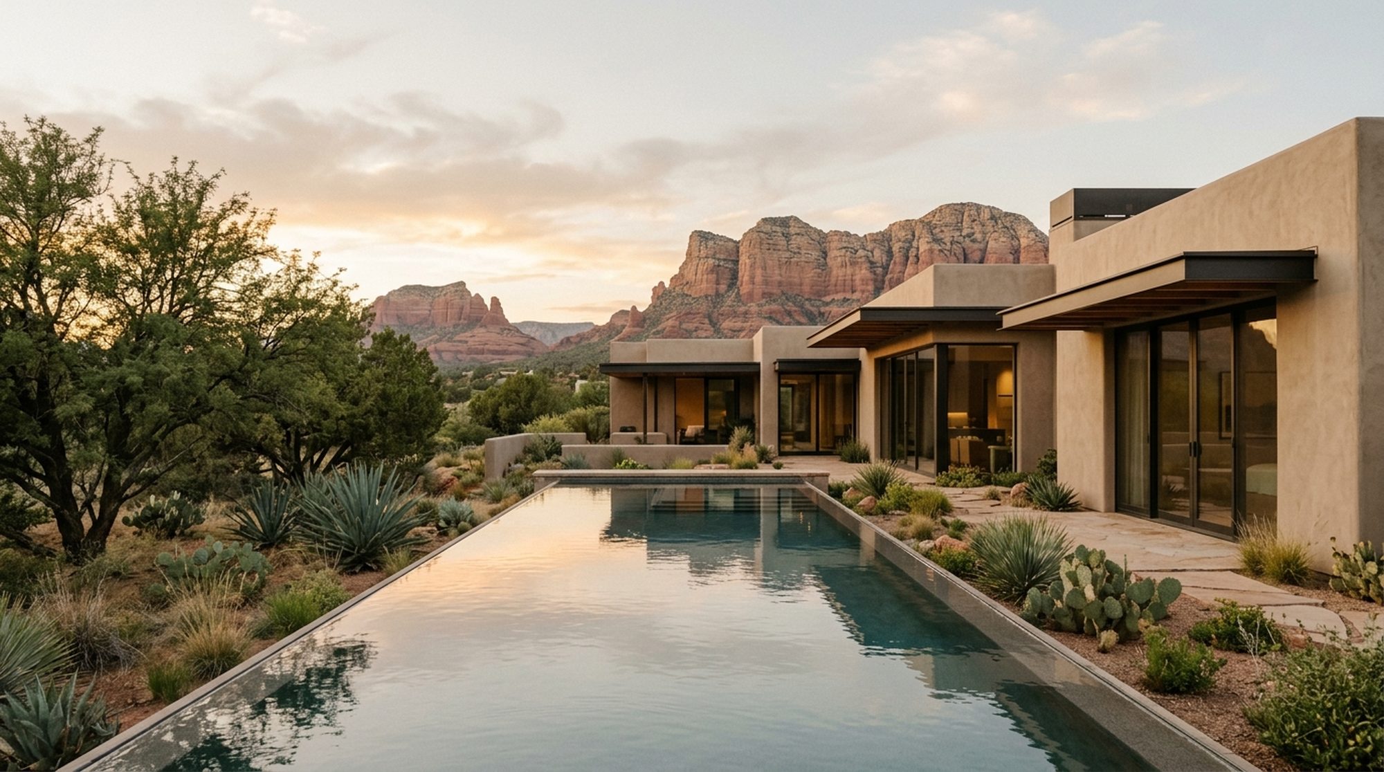 A contemporary desert home with a long pool and red rock buttes at golden hour