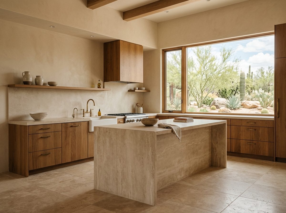 Warm minimalist kitchen with a travertine island