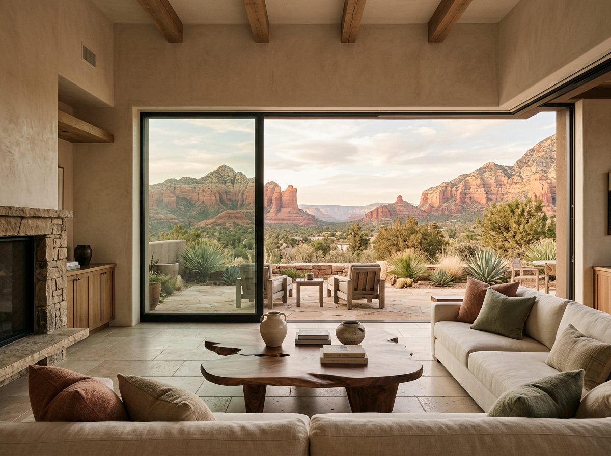 Great room opening onto a patio with red rock views