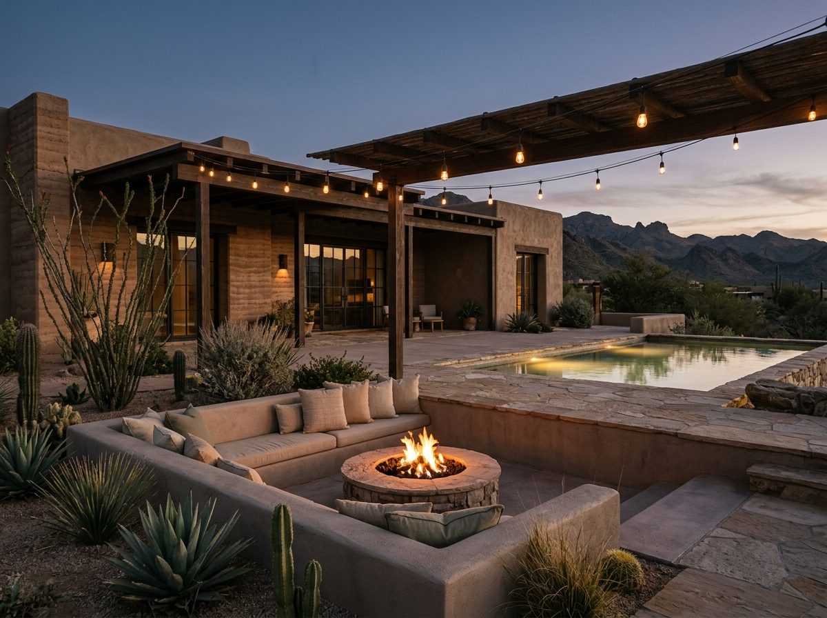 Fire pit lounge on a desert patio at dusk