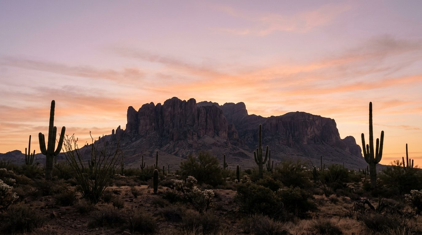Saguaro cacti beneath the Superstition Mountains at dusk
